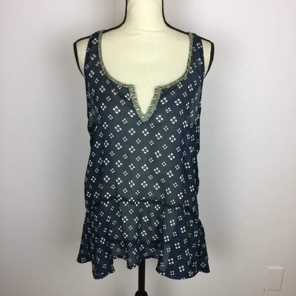 Abercrombie & Fitch Tank Blouse Size L Womans Blue Sheer Floral Embellished Neck